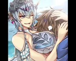 Rule 34 | 1boy, 1girl, :d, beach, between breasts, bikini, bird, blue hair, blurry, blurry background, breasts, brown hair, commentary request, day, gran (granblue fantasy), granblue fantasy, hair between eyes, head between breasts, headpiece, hug, huge breasts, macula marius, maid, maid bikini, one eye closed, open mouth, outdoors, pillarboxed, purple eyes, sanmoto gorouzaemon, smile, swimsuit, unconventional maid