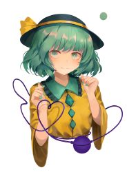 Rule 34 | 1girl, absurdres, breasts, cropped torso, dobostorte, eyebrows hidden by hair, frilled shirt collar, frills, green eyes, green hair, green nails, hands up, hat, heart, heart of string, highres, komeiji koishi, looking at viewer, nail polish, shirt, short hair, simple background, small breasts, smile, string, third eye, touhou, upper body, white background, wide sleeves, yellow shirt