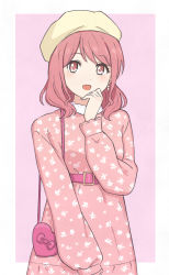 Rule 34 | 1girl, :d, bag, bang dream!, belt, beret, blush, dress, earrings, floral print, hand to own mouth, hat, heart-shaped bag, jewelry, long hair, long sleeves, looking at viewer, maruyama aya, open mouth, pink background, pink dress, pink eyes, pink hair, print dress, shibasaki shouji, shoulder bag, simple background, smile, solo, yellow hat