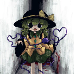 Rule 34 | 1girl, black eyes, black hat, blood, blood on ground, blood on wall, bloody knife, blouse, bow, buttons, crazy eyes, diamond button, eyeball, feet out of frame, floral print, frilled shirt collar, frilled sleeves, frills, green hair, green skirt, hat, hat bow, hat ribbon, heart, heart of string, heripantomorrow, holding, holding knife, knife, komeiji koishi, long sleeves, looking at viewer, medium hair, open mouth, ribbon, rose print, shirt, sidelocks, skirt, smile, solo, third eye, touhou, wavy hair, wide sleeves, yellow bow, yellow ribbon, yellow shirt