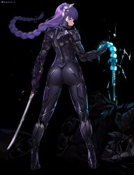 Rule 34 | 1girl, absurdres, ass, braid, cosplay, crossover, cyborg, from behind, genshin impact, hair ornament, highres, holding, holding weapon, katana, long hair, looking at viewer, looking back, low-braided long hair, low-tied long hair, metal gear (series), metal gear rising: revengeance, mole, mole under eye, name connection, purple eyes, purple hair, queasy s, raiden (metal gear), raiden (metal gear) (cosplay), raiden shogun, single braid, solo, sword, very long hair, weapon