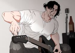 Rule 34 | 1boy, balnom, bara, black hair, casual, cigarette, electric guitar, expressionless, feet out of frame, grey eyes, guitar, hair bun, highres, holding, holding instrument, instrument, large pectorals, looking at viewer, male focus, muscular, muscular male, original, pectorals, shirt, short hair, sideburns, solo, thick eyebrows, white shirt