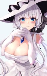 Rule 34 | 1girl, absurdres, azur lane, bare shoulders, blue background, blue eyes, blue gemstone, blunt bangs, blush, breasts, cleavage, closed mouth, commentary request, cowboy shot, detached collar, dress, elbow gloves, gem, gloves, hat, highres, illustrious (azur lane), large breasts, looking at viewer, low twintails, mole, mole under eye, own hands together, silver hair, simple background, smile, solo, strapless, strapless dress, sun hat, twintails, wee, white dress, white gloves, white hat