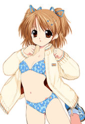 Rule 34 | 00s, 1girl, :o, bikini, blue bikini, blue ribbon, blush, breasts, brown eyes, brown hair, clenched hands, flag print, floral print, hair ornament, hair ribbon, hairclip, jacket, kusaka souji, leg up, long sleeves, looking at viewer, navel, open clothes, open jacket, outline, print bikini, red eyes, red hair, ribbon, shoes, simple background, sister princess, sleeves past wrists, small breasts, sneakers, socks, solo, swimsuit, two side up, union jack, unzipped, white background, white socks, yotsuba (sister princess)