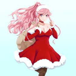 Rule 34 | 1girl, absurdres, bare shoulders, braid, breasts, choker, christmas, cleavage, cowboy shot, dress, fire emblem, fire emblem awakening, fur trim, hair ornament, hairband, highres, holding, holding sack, long hair, looking at viewer, medium breasts, nintendo, olivia (fire emblem), pink eyes, pink hair, ponytail, red dress, sack, santa dress, seityr, side braid, simple background, smile, solo, thighhighs, twin braids