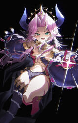 1girl absurdres angela_(seiken_densetsu_3) artist_name bare_shoulders black_background black_shorts black_thighhighs blush breasts dated fang glint green_eyes hair_intakes high_heels highres horns jewelry leg_up leotard long_hair long_sleeves looking_at_viewer open_mouth pink_hair pointy_ears puffy_long_sleeves puffy_sleeves redmu4624kkp seiken_densetsu seiken_densetsu_3 short_shorts shorts simple_background single_thighhigh skin_fang small_breasts smile solo stomach strapless strapless_leotard thighhighs thighs