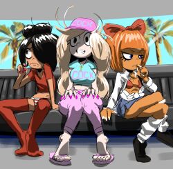 Rule 34 | 3girls, absurdres, bench, black hair, blonde hair, coco (ongezellig), colored skin, feet, highres, maya (ongezellig), multiple girls, mymy (ongezellig), nail polish, ongezellig, orange hair, orange skin, palm tree, sandals, sitting, socks, toes, tree