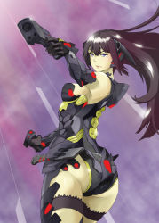 Rule 34 | 1girl, armor, artist request, ass, bare shoulders, black hair, blue eyes, breasts, character request, dual wielding, frown, gloves, gradient background, gun, headgear, highres, holding, leotard, long hair, million arthur (series), serious, shiny skin, sideboob, solo, thigh strap, weapon