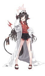 Rule 34 | 1girl, absurdres, ahoge, armband, between legs, black hair, blue archive, breasts, coat, collarbone, demon horns, demon tail, detonator, drill hair, feet, halo, highres, holding, horns, huge ahoge, kasumi (blue archive), long hair, long sleeves, looking at viewer, open clothes, open coat, red shirt, sandals, shirt, short shorts, shorts, simple background, small breasts, smile, solo, standing, tail, tail between legs, toes, toshizou (0714), white background, white coat, yellow eyes