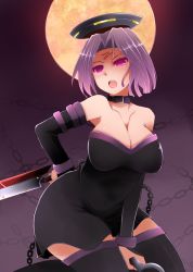 Rule 34 | 1girl, arano oki, bare shoulders, blush, breasts, cleavage, collar, collarbone, cosplay, covered navel, curvy, dress, elbow gloves, fate/stay night, fate (series), full moon, gloves, hat, highres, kantai collection, kneeling, knife, large breasts, lipstick, makeup, medusa (fate), medusa (rider) (fate), medusa (rider) (fate) (cosplay), mole, mole under eye, moon, navel, open mouth, personification, purple eyes, purple hair, short dress, short hair, solo, strapless, strapless dress, tatsuta (kancolle), thick thighs, thighhighs, thighs, wide hips, zettai ryouiki, zzz