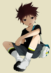 Rule 34 | 1boy, brown eyes, brown hair, child, male focus, mauveboy, noeyebrow (mauve), open mouth, original, short hair, simple background, sitting, socks, solo