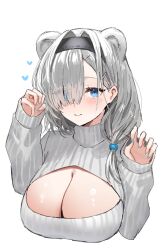 Rule 34 | 1girl, alternate costume, animal ears, arknights, aurora (arknights), bear ears, bear girl, black hairband, breasts, claw pose, cleavage, cleavage cutout, clothing cutout, grey hair, hair intakes, hairband, hands up, highres, horn/wood, large breasts, long sleeves, puffy long sleeves, puffy sleeves, simple background, solo, sweater, turtleneck, turtleneck sweater, upper body, white background, white sweater