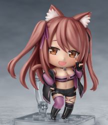 Rule 34 | 1girl, animal ears, asymmetrical legwear, black footwear, black gloves, black shorts, black thighhighs, blush, boots, breasts, brown eyes, brown hair, cat ears, cat girl, cat tail, chibi, cleavage, cleavage cutout, clothing cutout, commission, crop top, faux figurine, fingerless gloves, gloves, index finger raised, knee boots, looking at viewer, medium breasts, mismatched legwear, mole, mole on breast, mole under eye, nendoroid, open mouth, original, pink thighhighs, second-party source, shiori2525, short shorts, shorts, smile, solo, tail, thighhighs