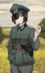 Rule 34 | 1girl, absurdres, black hat, brown hair, cigarette, cross, eyepatch, green hat, green jacket, grey hat, grey pants, grey sky, gun sling, hat, highres, holding, holding cigarette, holster, insignia, iron cross, jacket, keiita, long sleeves, military, military hat, military uniform, multicolored clothes, multicolored hat, original, pants, shirt, sky, smile, soldier, solo, swastika, uniform, wehrmacht, white shirt, world war ii