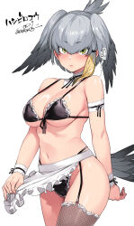 Rule 34 | 1girl, apron, bikini, bird tail, black bikini, black hair, blush, bow, bow bikini, breasts, bridal garter, closed mouth, detached collar, frilled bikini, frills, grey hair, hair between eyes, head wings, highres, kemono friends, large breasts, long hair, looking at viewer, maid, maid bikini, mitsuba minoru, multicolored hair, navel, shoebill (kemono friends), solo, swimsuit, tail, unconventional maid, waist apron, wings, wrist cuffs