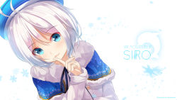 Rule 34 | .live, 1girl, antenna hair, artist name, beret, blue capelet, blue eyes, blue hat, blush, capelet, character name, chinomaron, coat, commentary request, dennou shoujo siro, fur-trimmed capelet, fur trim, hair between eyes, hair ornament, hand up, hat, head tilt, highres, index finger raised, long sleeves, looking at viewer, parted lips, silver hair, smile, snowflake background, solo, virtual youtuber, white coat, x hair ornament