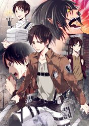 Rule 34 | 1boy, :d, age difference, belt, black hair, brown eyes, brown hair, brown jacket, brown pants, brown shirt, candle, closed mouth, collarbone, dual wielding, eren yeager, green eyes, grey shirt, holding, holding sword, holding weapon, jacket, looking at viewer, maine (unap!), male focus, military, military uniform, monster, multiple persona, open clothes, open jacket, open mouth, pants, pointy ears, round teeth, serious, shingeki no kyojin, shirt, smile, standing, sword, teeth, three-dimensional maneuver gear, time paradox, uniform, weapon, white pants, yellow eyes