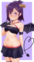 Rule 34 | 1girl, aethos, arm behind back, bare shoulders, black gloves, black skirt, black wings, blush, breasts, cleavage, cowboy shot, crop top, demon girl, demon horns, demon tail, demon wings, gabriel dropout, gloves, groin, hair ornament, hairclip, hallelujah essaim, hand on own chest, heart, heart tail, highres, horns, looking at viewer, medium breasts, medium hair, midriff, miniskirt, navel, o-ring, o-ring top, purple eyes, purple hair, skirt, smile, solo, tail, thigh strap, vignette tsukinose april, wings, x hair ornament