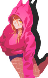 Rule 34 | 1girl, blonde hair, blush, chainsaw man, cross-shaped pupils, fishnets, hand in pocket, highres, hood, hoodie, horns, jacket, looking at viewer, pink hoodie, pink jacket, power (chainsaw man), simple background, solo, symbol-shaped pupils, white background, yellow eyes, zemzk