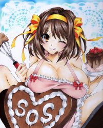 Rule 34 | 1girl, ;p, absurdres, apron, black socks, breasts, brown eyes, cake, candy, chocolate, chocolate cake, chocolate heart, chocolate on face, cleavage, dessert, food, food on face, fruit, hair ribbon, heart, highres, hmdark-9, large breasts, looking at viewer, naked apron, one eye closed, orange ribbon, ribbon, short hair, socks, solo, strawberry, suzumiya haruhi, suzumiya haruhi no yuuutsu, tongue, tongue out, traditional media, valentine, whisk