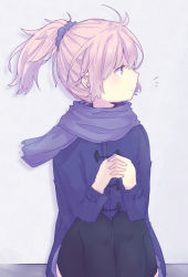 Rule 34 | 10s, 1girl, alternate costume, aoba (kancolle), bad hands, black thighhighs, blue coat, blue eyes, blue scarf, coat, commentary request, highres, kantai collection, long sleeves, messy hair, pink hair, ponytail, scarf, shikajima shika, short hair, sitting, solo, thighhighs, winter clothes