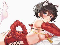 Rule 34 | 1girl, absurdres, animal ears, black hair, blue archive, blue eyes, breasts, commentary, elbow gloves, feet, gloves, highres, large breasts, looking at viewer, lotpi, lying, on stomach, red gloves, red sailor collar, rope, sailor collar, shimenawa, short hair, simple background, solo, thighhighs, tsubaki (blue archive), underboob, white background