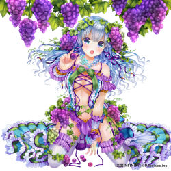 Rule 34 | 1girl, :o, armlet, bare shoulders, blue dress, blue eyes, blue hair, blush, bow, breasts, cleavage, collarbone, company name, copyright name, dress, eyebrows, food, food-themed hair ornament, foreshortening, frilled dress, frills, fruit, garter straps, grape hair ornament, grapes, hair ornament, hair ribbon, jewelry, kneeling, large breasts, leaf, long hair, mary janes, matching hair/eyes, moyon, navel, necklace, official art, outstretched arm, purple bow, ribbon, sangoku infinity, shoes, simple background, sitting, solo, thighhighs, white background, white thighhighs
