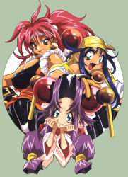 Rule 34 | 1990s (style), 3girls, bloodberry, blue eyes, blue hair, bow, breasts, cherry (saber j), fang, gloves, green eyes, kotobuki tsukasa, lime (saber j), long hair, medium breasts, multiple girls, official art, open mouth, pink bow, purple hair, red eyes, retro artstyle, saber marionette j