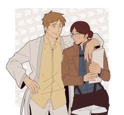 Rule 34 | 1boy, 1other, alternate hairstyle, arm around shoulder, brown eyes, brown hair, brown jacket, commentary request, contrapposto, facial hair, frown, glasses, hair bun, hand on own hip, hange zoe, hanpetos, holding, holding paper, jacket, korean commentary, messy hair, moblit berner, one-hour drawing challenge, paper, shingeki no kyojin, single hair bun, stubble, suspenders, sweatdrop
