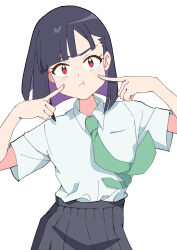 Rule 34 | 1girl, :t, absurdres, black hair, black skirt, blunt bangs, blunt ends, bob cut, closed mouth, colored inner hair, commentary, do it yourself!!, dress shirt, frown, green necktie, highres, looking at viewer, multicolored hair, nagumo uka, necktie, pleated skirt, pointing, pointing at self, purple hair, red eyes, school uniform, shirt, short hair, short sleeves, simple background, skirt, solo, standing, suride miku, white background, white shirt, wing collar