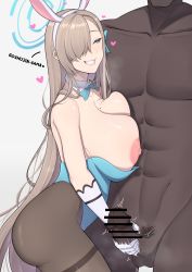 Rule 34 | 1boy, 1girl, alternate costume, animal ears, asuna (blue archive), asuna (bunny) (blue archive), band-width, bar censor, blue archive, blue bow, blue bowtie, blue eyes, blue leotard, bow, bowtie, breast press, breasts, censored, clothed female nude male, dark-skinned male, dark penis, dark skin, detached collar, fake animal ears, gloved handjob, gloves, grey background, hair over one eye, halo, handjob, heart, hetero, highres, interracial, large breasts, leotard, light brown hair, long hair, male pubic hair, mole, mole on breast, motion lines, muscular, muscular male, nipple slip, nipples, nude, official alternate costume, pantyhose, penis, playboy bunny, pubic hair, seductive smile, smile, traditional bowtie, very long hair, white gloves