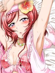 Rule 34 | 1girl, absurdres, armpits, arms up, bikini, bikini top only, blush, breasts, cleavage, collarbone, flower, frilled bikini, frilled bikini top, frills, from above, hair flower, hair ornament, hairband, hibiscus, highres, jewelry, long hair, looking at viewer, love live!, love live! school idol festival, love live! school idol project, lying, necklace, nishikino maki, on back, open mouth, pink bikini, pink hairband, purple eyes, red hair, shogo (4274732), small breasts, solo, swimsuit, upper body, wet
