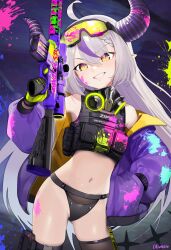 Rule 34 | 1girl, absurdres, ahoge, alternate costume, black horns, black panties, commentary, goggles, goggles on head, grey hair, gun, highres, holding, holding gun, holding weapon, hololive, horns, jacket, la+ darknesss, long hair, long sleeves, looking at viewer, navel, panties, purple jacket, slit pupils, striped horns, symbol-only commentary, thighs, ugohato, underwear, virtual youtuber, weapon, yellow eyes