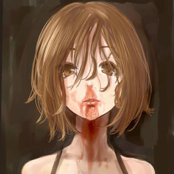 Rule 34 | 1girl, album cover, album cover redraw, andrew wk, blood, blood on face, brown background, brown eyes, brown hair, cover, derivative work, hair over eyes, hirasawa yui, i get wet, k-on!, kito (coyo), lips, messy hair, nosebleed, parody, portrait, short hair, solo