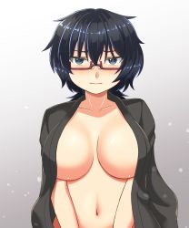 Rule 34 | 1girl, absurdres, beni (bluebluesky), black hair, blush, breasts, closed mouth, commentary, frown, girls und panzer, glasses, gradient background, grey background, half-closed eyes, haori, highres, japanese clothes, large breasts, looking at viewer, medium hair, messy hair, navel, nude, oryou (girls und panzer), red-framed eyewear, semi-rimless eyewear, short ponytail, solo, under-rim eyewear, upper body