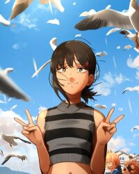 Rule 34 | 1boy, 2girls, :t, bare shoulders, bird, black hair, blonde hair, blue sky, brown eyes, chainsaw man, cloud, commentary, crop top, day, denji (chainsaw man), double v, hair ornament, hairclip, hands up, higashiyama kobeni, highres, horns, khyle., looking at viewer, magazine (object), midriff, multiple girls, navel, poop, power (chainsaw man), seagull, short hair, sky, sleeveless, sleeveless sweater, smile, stomach, sweater, v
