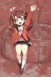 Rule 34 | 1girl, brown eyes, brown hair, brown skirt, cellphone, collared shirt, flat chest, fujinozu, hair tie, highres, holding, holding phone, jacket, kantai collection, long hair, looking at viewer, phone, ryuujou (kancolle), shirt, sitting, skirt, sleeves past wrists, smartphone, smile, socks, solo, tree, twintails, very long sleeves, waving, white socks