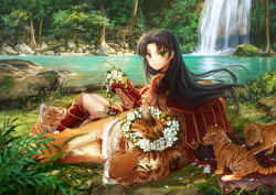 Rule 34 | 1girl, animal, armor, black hair, cape, fingerless gloves, flower, forest, gauntlets, gloves, grass, green eyes, grin, head wreath, highres, huazha01, lips, long hair, looking back, moss, nature, open mouth, original, pauldrons, plant, pond, river, rock, shin guards, shoulder armor, sitting, sleeping, smile, solo, teeth, tiger, tree, water, waterfall