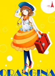 Rule 34 | 1girl, bad id, bad pixiv id, bare shoulders, beret, blue eyes, blue pantyhose, briefcase, brown hair, bubble skirt, chikage (kinokodou), eiffel tower, flat chest, flats, gloves, hat, highres, one eye closed, orangina, pantyhose, personification, short hair, skirt, solo, white gloves, wink, yellow background