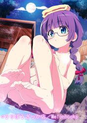 Rule 34 | 1girl, barefoot, blue eyes, blush, braid, completely nude, feet, flat chest, full moon, glasses, long hair, melonbooks, moon, night, nude, onsen, original, outdoors, purple hair, sitting, sky, solo, sweat, tanabe kyou, toes, towel, towel on head, twin braids, water