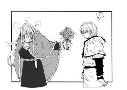 Rule 34 | 2boys, androgynous, belt, bouquet, canute, cape, confession, confused, embarrassed, eyebrows, flower, frills, fur, fur collar, fur trim, gift, hand covering face, hand on face, highres, long hair, looking at object, male focus, messy hair, monochrome, multiple boys, prince, shaking, sidelocks, simple background, speech bubble, thorfinn, viking, vinland saga, yaoi