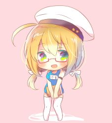 Rule 34 | 1girl, ahoge, bare arms, bare shoulders, beret, blonde hair, blue one-piece swimsuit, blush, book, bow, breasts, brown background, character name, chibi, commentary request, full body, green eyes, hair between eyes, hair bow, hat, highres, holding, holding book, i-8 (kancolle), kantai collection, kou hiyoyo, long hair, looking at viewer, low twintails, medium breasts, name tag, no shoes, old school swimsuit, one-piece swimsuit, school swimsuit, solo, standing, swimsuit, thighhighs, twintails, v arms, very long hair, white bow, white hat, white thighhighs