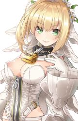 Rule 34 | 10s, 1girl, ahoge, areola slip, belt, blonde hair, bodysuit, breasts, bridal veil, buckle, center opening, chain, closed mouth, cowboy shot, detached collar, detached sleeves, fate/extra, fate/extra ccc, fate (series), from side, gloves, green eyes, hair between eyes, hair intakes, hand on own chest, head wreath, jewelry, leotard, lips, lock, looking to the side, medium breasts, necklace, nero claudius (bride) (fate), nero claudius (bride) (second ascension) (fate), nero claudius (fate), nero claudius (fate) (all), padlock, puffy detached sleeves, puffy nipples, puffy sleeves, rain (nadroj31), short hair with long locks, sidelocks, simple background, smile, solo, turtleneck, veil, white background, white gloves, wide sleeves, zipper