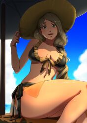 Rule 34 | 1girl, aduti momoyama, beach umbrella, bikini, black bikini, black bow, blue sky, bow, bow bikini, breasts, brown bow, cleavage, cloud, collarbone, day, fire emblem, fire emblem: three houses, fire emblem heroes, front-tie bikini top, front-tie top, grey eyes, hair bow, hand on headwear, hand up, hat, large breasts, light brown hair, long hair, looking at viewer, mercedes von martritz, navel, nintendo, ocean, official alternate costume, open mouth, outdoors, sagging breasts, sarong, see-through, sitting, sky, smile, solo, straw hat, striped, striped bow, swimsuit, thighs, umbrella, water, yellow hat