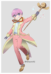 Rule 34 | 1boy, belt, belt buckle, blush, border, buckle, coat, collared shirt, commentary, creatures (company), eyelashes, full body, game freak, gloves, goro orb, grey gloves, grin, highres, holding, long sleeves, male focus, neck ribbon, nintendo, open clothes, open coat, ortega (pokemon), outstretched arm, pants, pink coat, pink pants, pokemon, pokemon sv, purple eyes, purple hair, red ribbon, ribbon, shirt, shoes, short hair, smile, socks, solo, star (symbol), team star, teeth, twitter username, watermark, white border