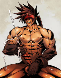 Rule 34 | 1boy, abs, bara, blush, cum, drooling, gairen, gloves, guilty gear, male focus, masturbation, muscular, nude, pectorals, penis, saliva, sol badguy, solo, testicle grab, testicles