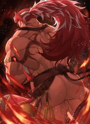 Rule 34 | 1boy, alternate costume, apron, armband, ass, back tattoo, bar censor, bara, bellsaltr, black background, censored, feet out of frame, fire, granblue fantasy, highres, huge ass, leather, leather belt, light particles, long hair, male focus, manly, mature male, multicolored hair, muscular, muscular male, official alternate costume, penis, ponytail, red hair, simple background, solo, spatula, spiked hair, spoon, tan, tattoo, testicles, thick arms, thick thighs, thighs, white hair, wilnas (apron of ardor) (granblue fantasy), wilnas (granblue fantasy), yellow eyes
