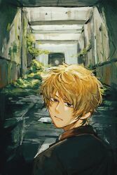Rule 34 | 2boys, atou haruki, black jacket, blonde hair, brown eyes, brown sweater, chinese commentary, closed mouth, commentary request, gold rush (qisiwu83570), highres, jacket, kanou aogu, light frown, looking at viewer, looking back, male focus, moss, multiple boys, real world location, saibou shinkyoku, short hair, solo focus, sweater, white hair