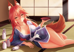 Rule 34 | 10s, 1girl, ahsiu, alcohol, animal ears, bad id, bad pixiv id, blush, bottle, breasts, cleavage, collarbone, cup, drunk, fate/extra, fate/grand order, fate (series), fox ears, fox tail, japanese clothes, large breasts, looking at viewer, lying, on side, pink hair, sakazuki, sake bottle, solo, sweat, tail, tamamo (fate), tamamo no mae (fate/extra), tokkuri, yellow eyes