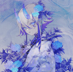 Rule 34 | 1girl, blue eyes, blue flower, blue horns, blue leaf, blue theme, choker, demon horns, eyelashes, facial mark, facial tattoo, floral print kimono, flower, flower tattoo, from side, gradient background, gradient kimono, grey hair, hair between eyes, hair flower, hair ornament, ham melon (iloha 24), horns, hydrangea, japanese clothes, kimono, leaf, looking at viewer, looking to the side, mole, mole under mouth, oni, oni horns, original, pale skin, parted lips, purple kimono, purple lips, signature, simple background, solo, tattoo, upper body